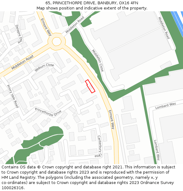 65, PRINCETHORPE DRIVE, BANBURY, OX16 4FN: Location map and indicative extent of plot