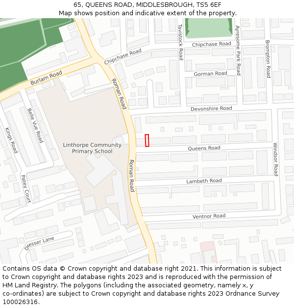 65, QUEENS ROAD, MIDDLESBROUGH, TS5 6EF: Location map and indicative extent of plot
