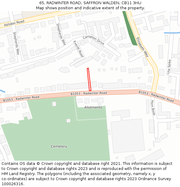 65, RADWINTER ROAD, SAFFRON WALDEN, CB11 3HU: Location map and indicative extent of plot