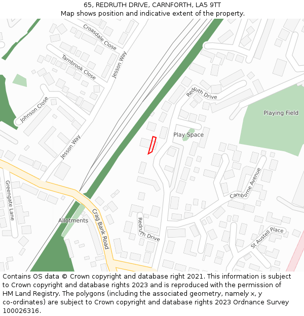 65, REDRUTH DRIVE, CARNFORTH, LA5 9TT: Location map and indicative extent of plot