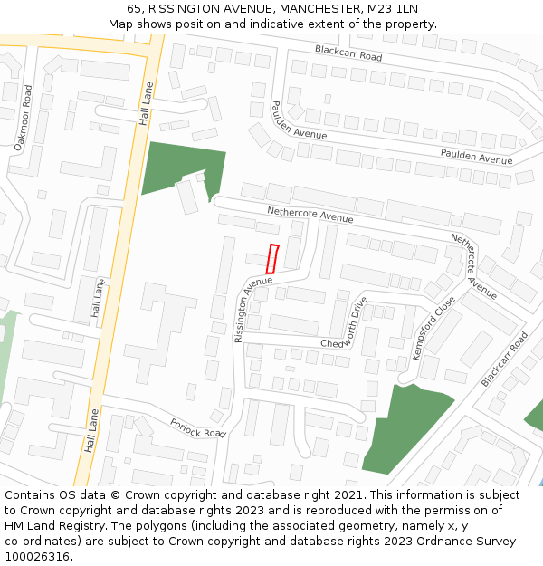 65, RISSINGTON AVENUE, MANCHESTER, M23 1LN: Location map and indicative extent of plot
