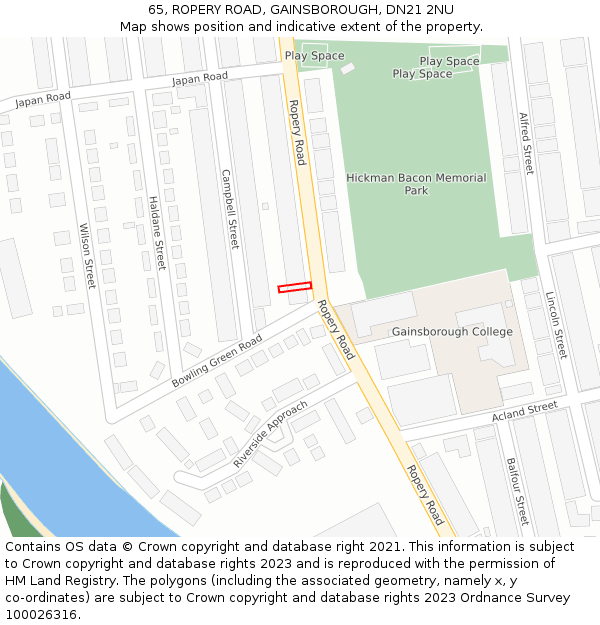 65, ROPERY ROAD, GAINSBOROUGH, DN21 2NU: Location map and indicative extent of plot