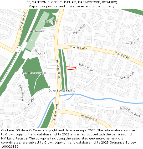 65, SAFFRON CLOSE, CHINEHAM, BASINGSTOKE, RG24 8XQ: Location map and indicative extent of plot