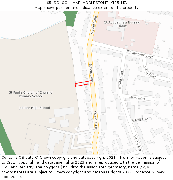 65, SCHOOL LANE, ADDLESTONE, KT15 1TA: Location map and indicative extent of plot