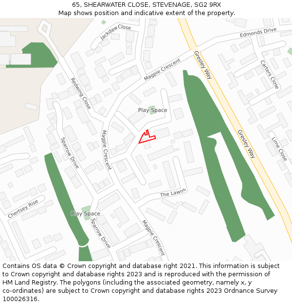 65, SHEARWATER CLOSE, STEVENAGE, SG2 9RX: Location map and indicative extent of plot