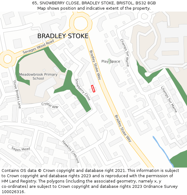 65, SNOWBERRY CLOSE, BRADLEY STOKE, BRISTOL, BS32 8GB: Location map and indicative extent of plot