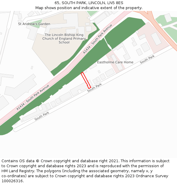 65, SOUTH PARK, LINCOLN, LN5 8ES: Location map and indicative extent of plot