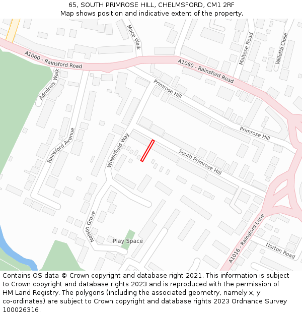 65, SOUTH PRIMROSE HILL, CHELMSFORD, CM1 2RF: Location map and indicative extent of plot