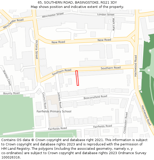 65, SOUTHERN ROAD, BASINGSTOKE, RG21 3DY: Location map and indicative extent of plot