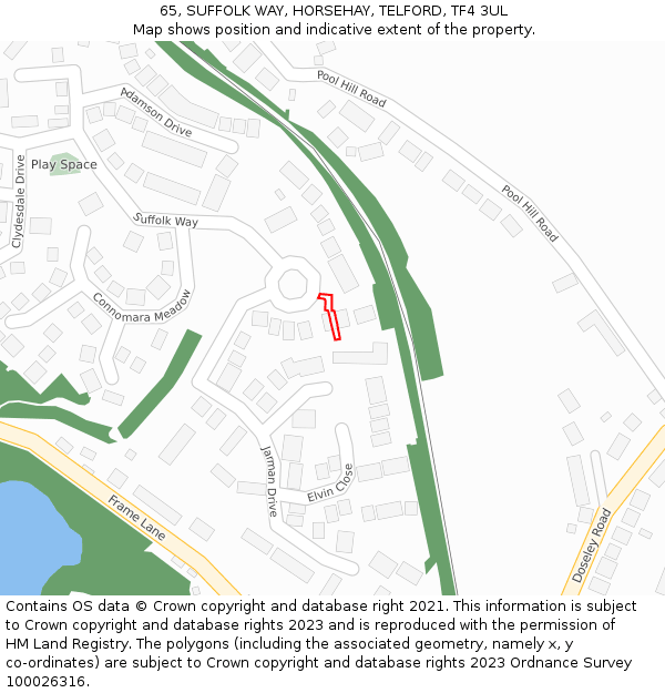 65, SUFFOLK WAY, HORSEHAY, TELFORD, TF4 3UL: Location map and indicative extent of plot
