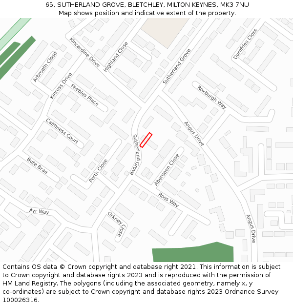 65, SUTHERLAND GROVE, BLETCHLEY, MILTON KEYNES, MK3 7NU: Location map and indicative extent of plot