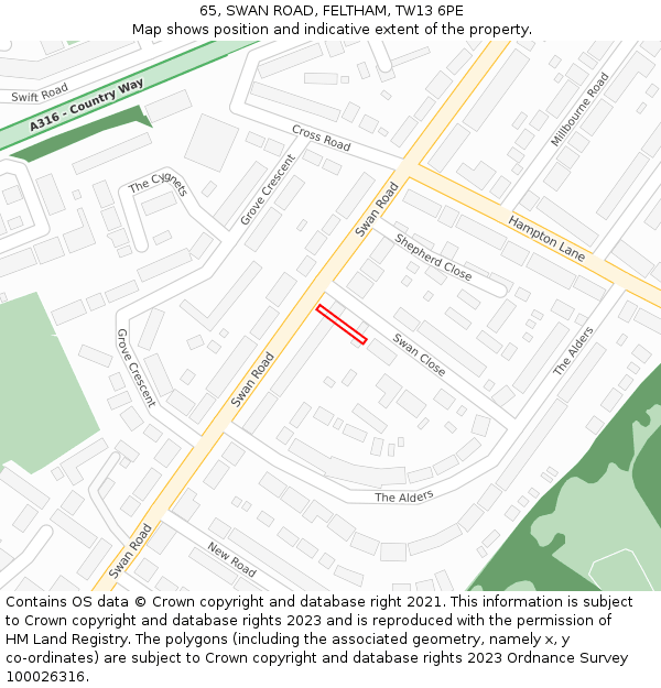 65, SWAN ROAD, FELTHAM, TW13 6PE: Location map and indicative extent of plot