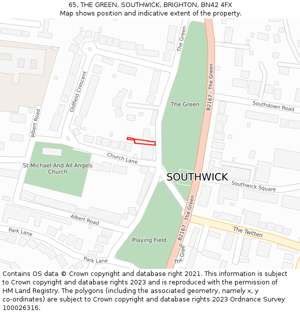 65, THE GREEN, SOUTHWICK, BRIGHTON, BN42 4FX: Location map and indicative extent of plot