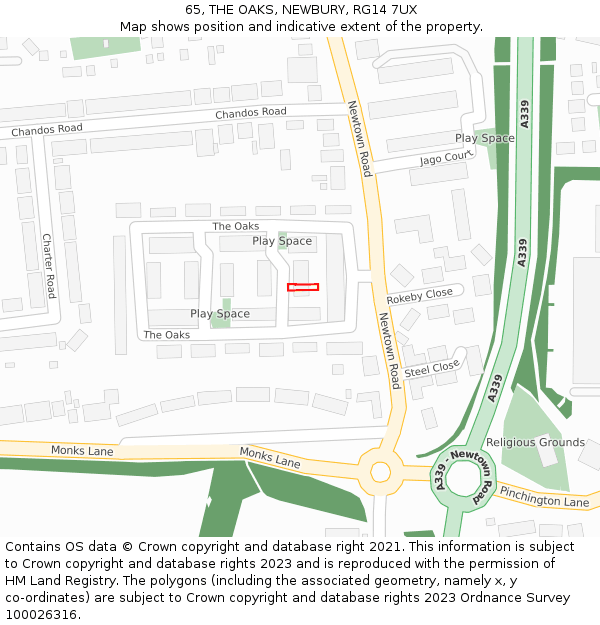 65, THE OAKS, NEWBURY, RG14 7UX: Location map and indicative extent of plot