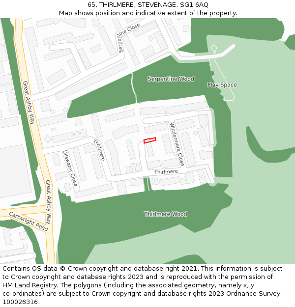65, THIRLMERE, STEVENAGE, SG1 6AQ: Location map and indicative extent of plot