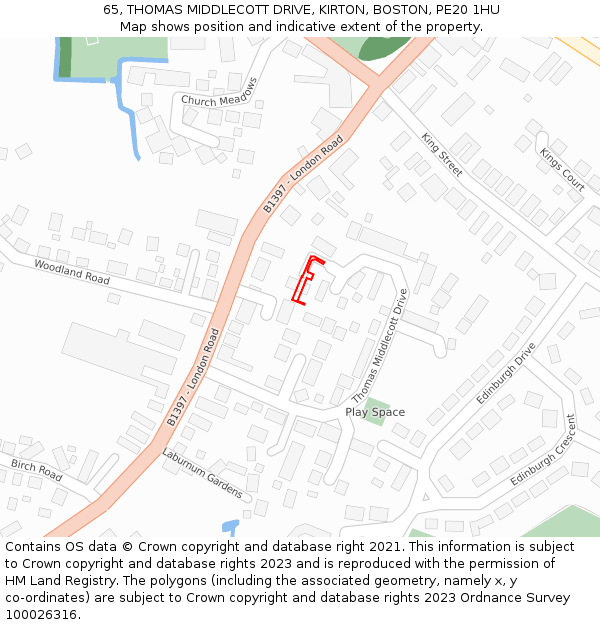 65, THOMAS MIDDLECOTT DRIVE, KIRTON, BOSTON, PE20 1HU: Location map and indicative extent of plot