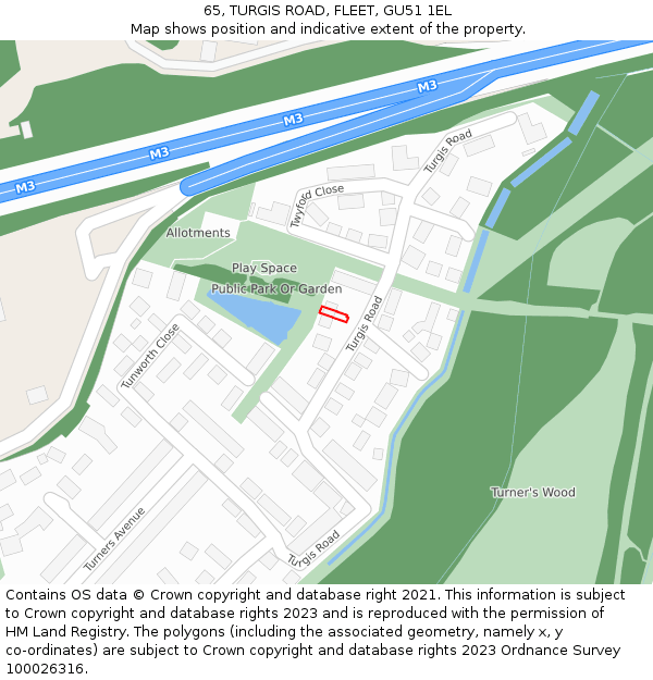 65, TURGIS ROAD, FLEET, GU51 1EL: Location map and indicative extent of plot