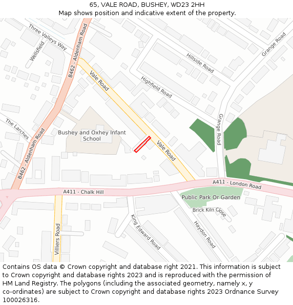 65, VALE ROAD, BUSHEY, WD23 2HH: Location map and indicative extent of plot