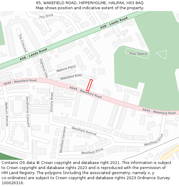 65, WAKEFIELD ROAD, HIPPERHOLME, HALIFAX, HX3 8AQ: Location map and indicative extent of plot