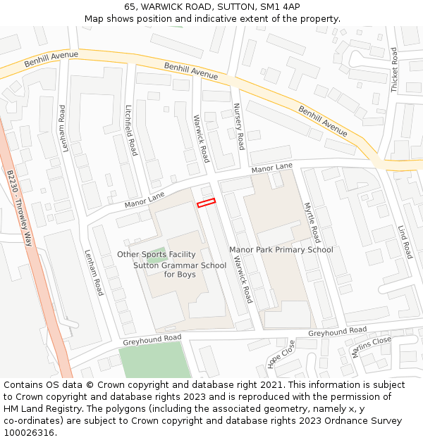 65, WARWICK ROAD, SUTTON, SM1 4AP: Location map and indicative extent of plot