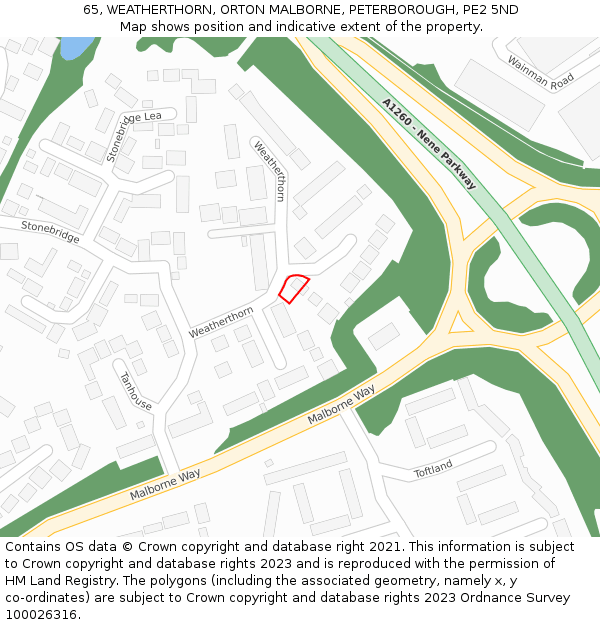 65, WEATHERTHORN, ORTON MALBORNE, PETERBOROUGH, PE2 5ND: Location map and indicative extent of plot