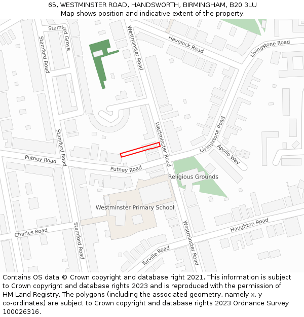65, WESTMINSTER ROAD, HANDSWORTH, BIRMINGHAM, B20 3LU: Location map and indicative extent of plot