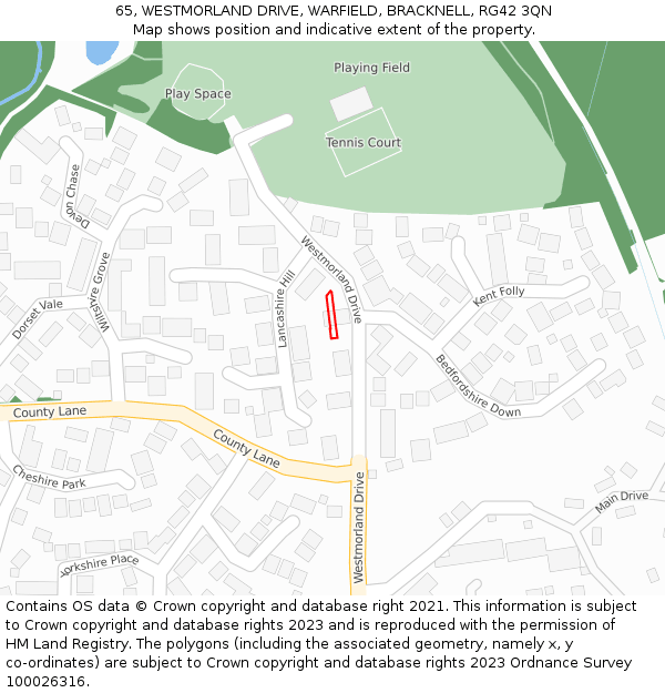 65, WESTMORLAND DRIVE, WARFIELD, BRACKNELL, RG42 3QN: Location map and indicative extent of plot
