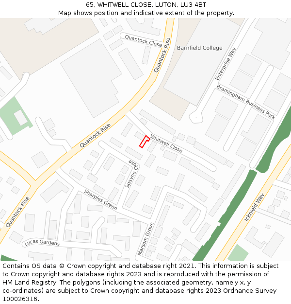 65, WHITWELL CLOSE, LUTON, LU3 4BT: Location map and indicative extent of plot