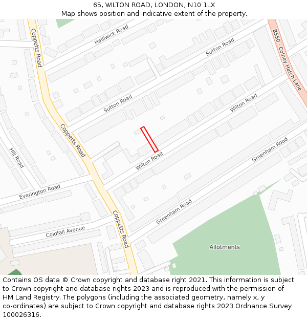 65, WILTON ROAD, LONDON, N10 1LX: Location map and indicative extent of plot