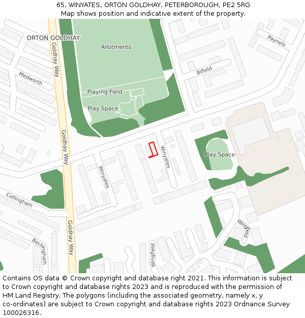 65, WINYATES, ORTON GOLDHAY, PETERBOROUGH, PE2 5RG: Location map and indicative extent of plot