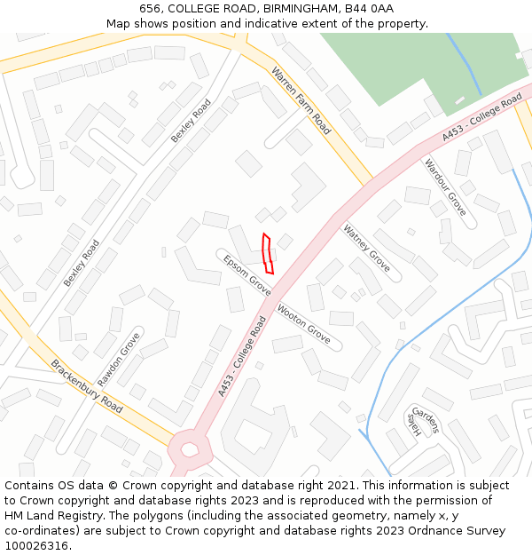 656, COLLEGE ROAD, BIRMINGHAM, B44 0AA: Location map and indicative extent of plot
