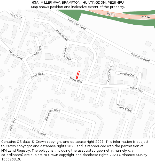65A, MILLER WAY, BRAMPTON, HUNTINGDON, PE28 4RU: Location map and indicative extent of plot