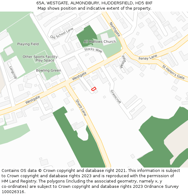 65A, WESTGATE, ALMONDBURY, HUDDERSFIELD, HD5 8XF: Location map and indicative extent of plot