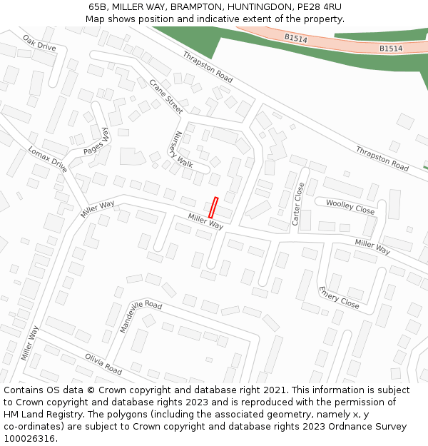 65B, MILLER WAY, BRAMPTON, HUNTINGDON, PE28 4RU: Location map and indicative extent of plot