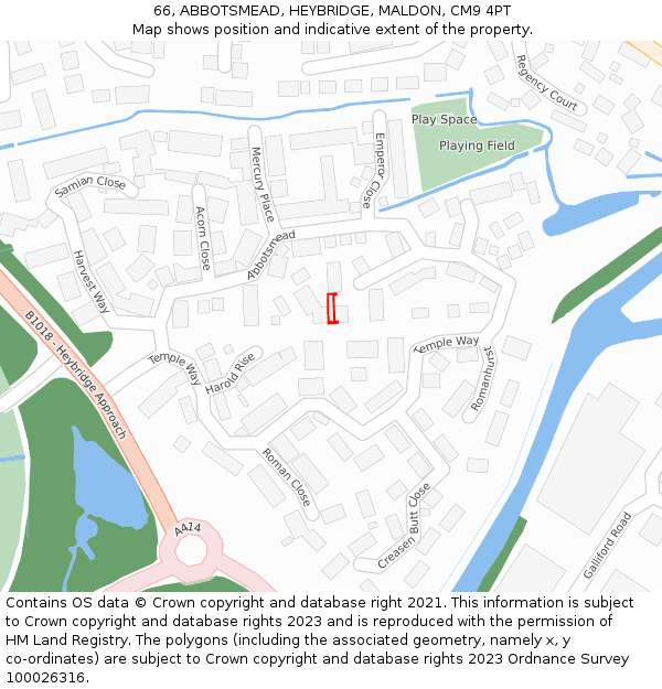 66, ABBOTSMEAD, HEYBRIDGE, MALDON, CM9 4PT: Location map and indicative extent of plot