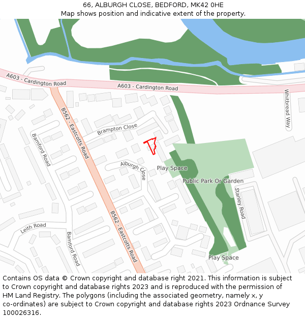 66, ALBURGH CLOSE, BEDFORD, MK42 0HE: Location map and indicative extent of plot