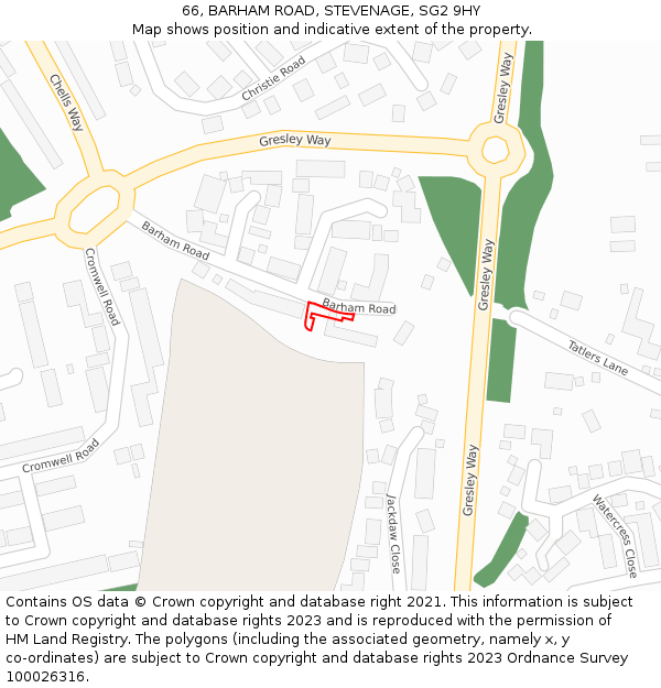 66, BARHAM ROAD, STEVENAGE, SG2 9HY: Location map and indicative extent of plot
