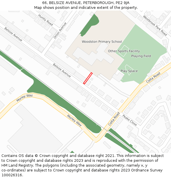 66, BELSIZE AVENUE, PETERBOROUGH, PE2 9JA: Location map and indicative extent of plot