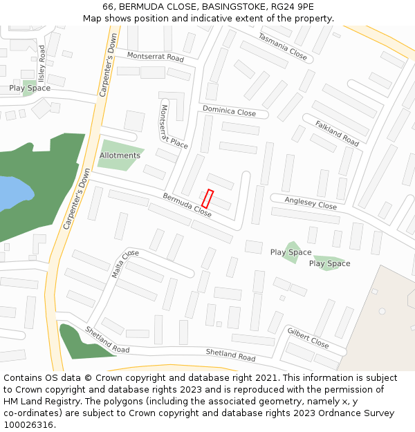 66, BERMUDA CLOSE, BASINGSTOKE, RG24 9PE: Location map and indicative extent of plot