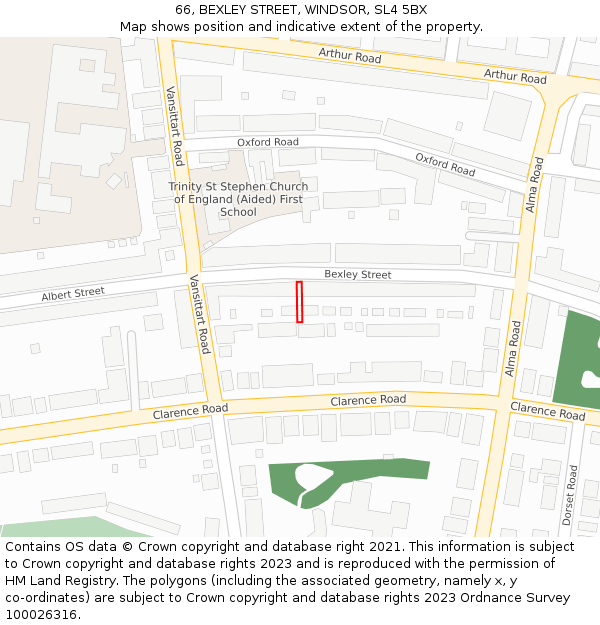 66, BEXLEY STREET, WINDSOR, SL4 5BX: Location map and indicative extent of plot