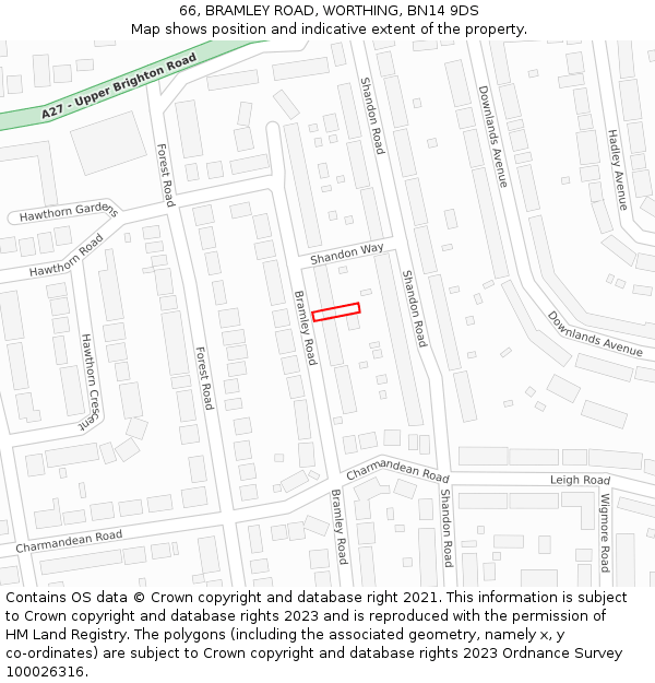66, BRAMLEY ROAD, WORTHING, BN14 9DS: Location map and indicative extent of plot