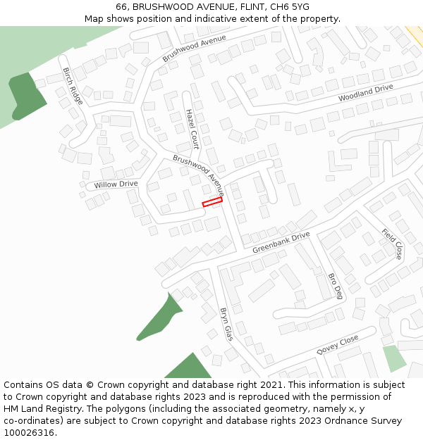 66, BRUSHWOOD AVENUE, FLINT, CH6 5YG: Location map and indicative extent of plot
