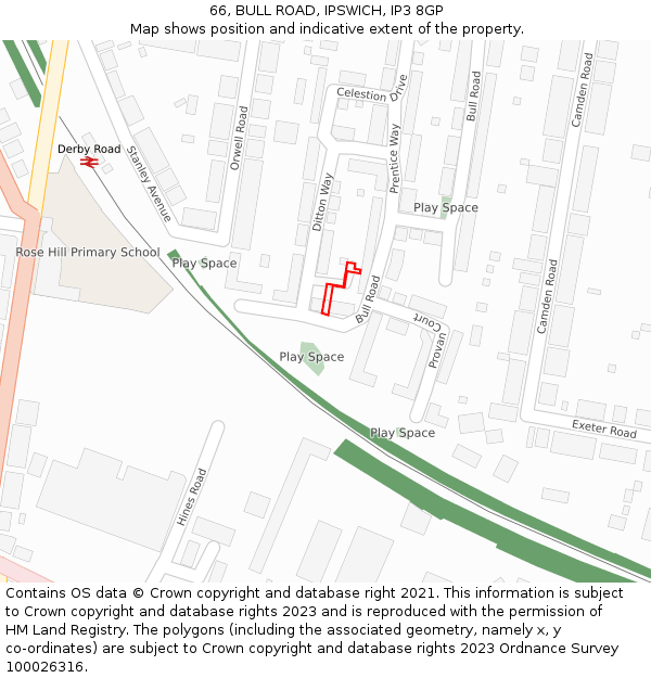 66, BULL ROAD, IPSWICH, IP3 8GP: Location map and indicative extent of plot