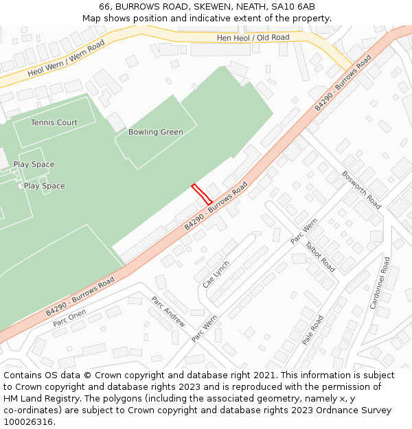 66, BURROWS ROAD, SKEWEN, NEATH, SA10 6AB: Location map and indicative extent of plot