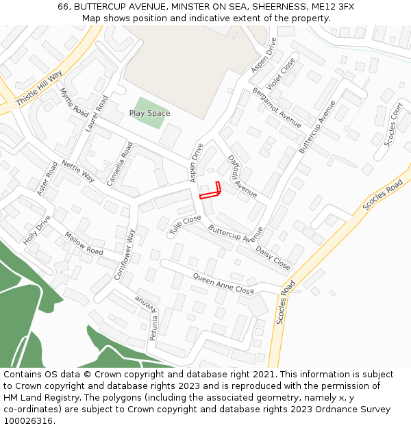 66, BUTTERCUP AVENUE, MINSTER ON SEA, SHEERNESS, ME12 3FX: Location map and indicative extent of plot