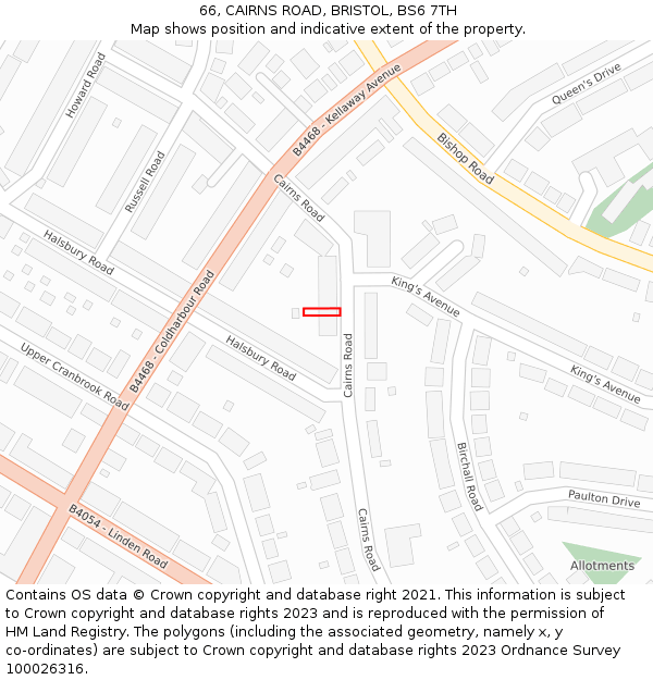 66, CAIRNS ROAD, BRISTOL, BS6 7TH: Location map and indicative extent of plot