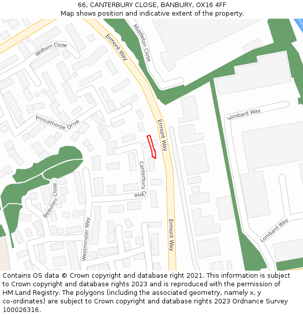 66, CANTERBURY CLOSE, BANBURY, OX16 4FF: Location map and indicative extent of plot
