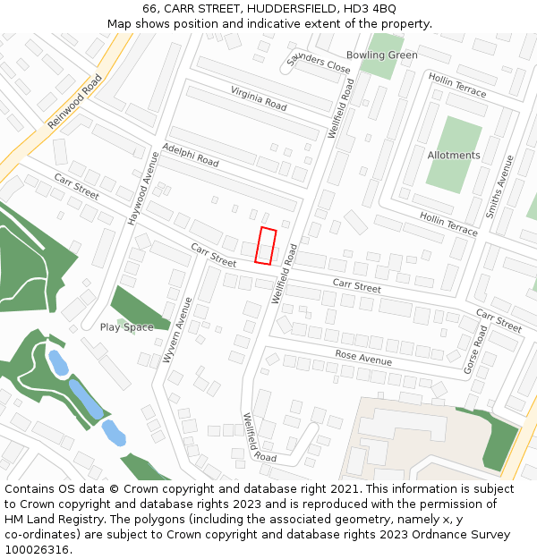 66, CARR STREET, HUDDERSFIELD, HD3 4BQ: Location map and indicative extent of plot