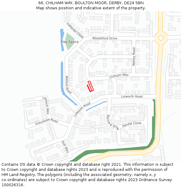 66, CHILHAM WAY, BOULTON MOOR, DERBY, DE24 5BN: Location map and indicative extent of plot