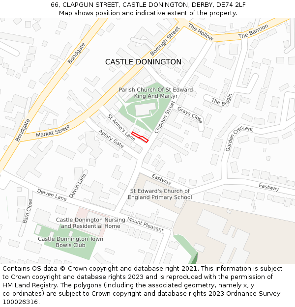 66, CLAPGUN STREET, CASTLE DONINGTON, DERBY, DE74 2LF: Location map and indicative extent of plot